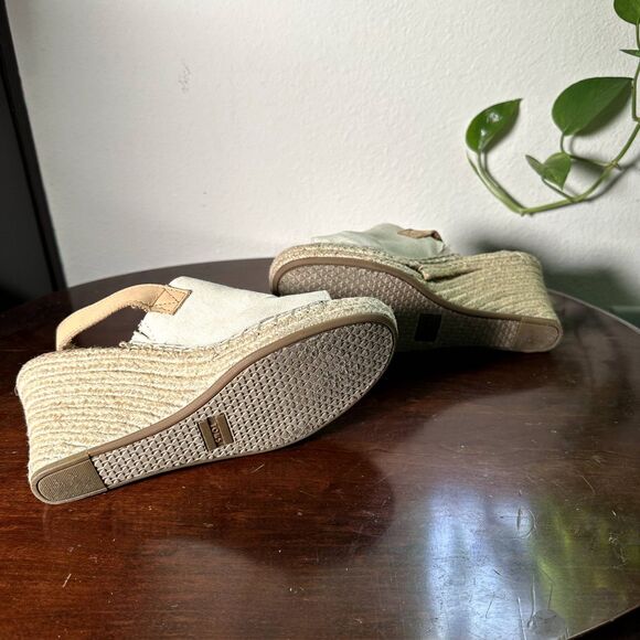 TOMS Women's Wedge Sandals 8.5 Natural Canvas Espadrille Peep Toe Heels Beige - Picture 9 of 11